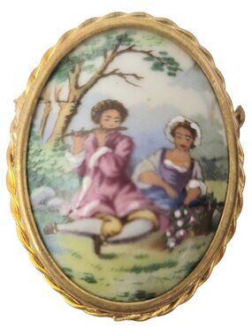 Limoges Made In France Oval Painted Trombone Clasp Porcelain Romantic Brooch